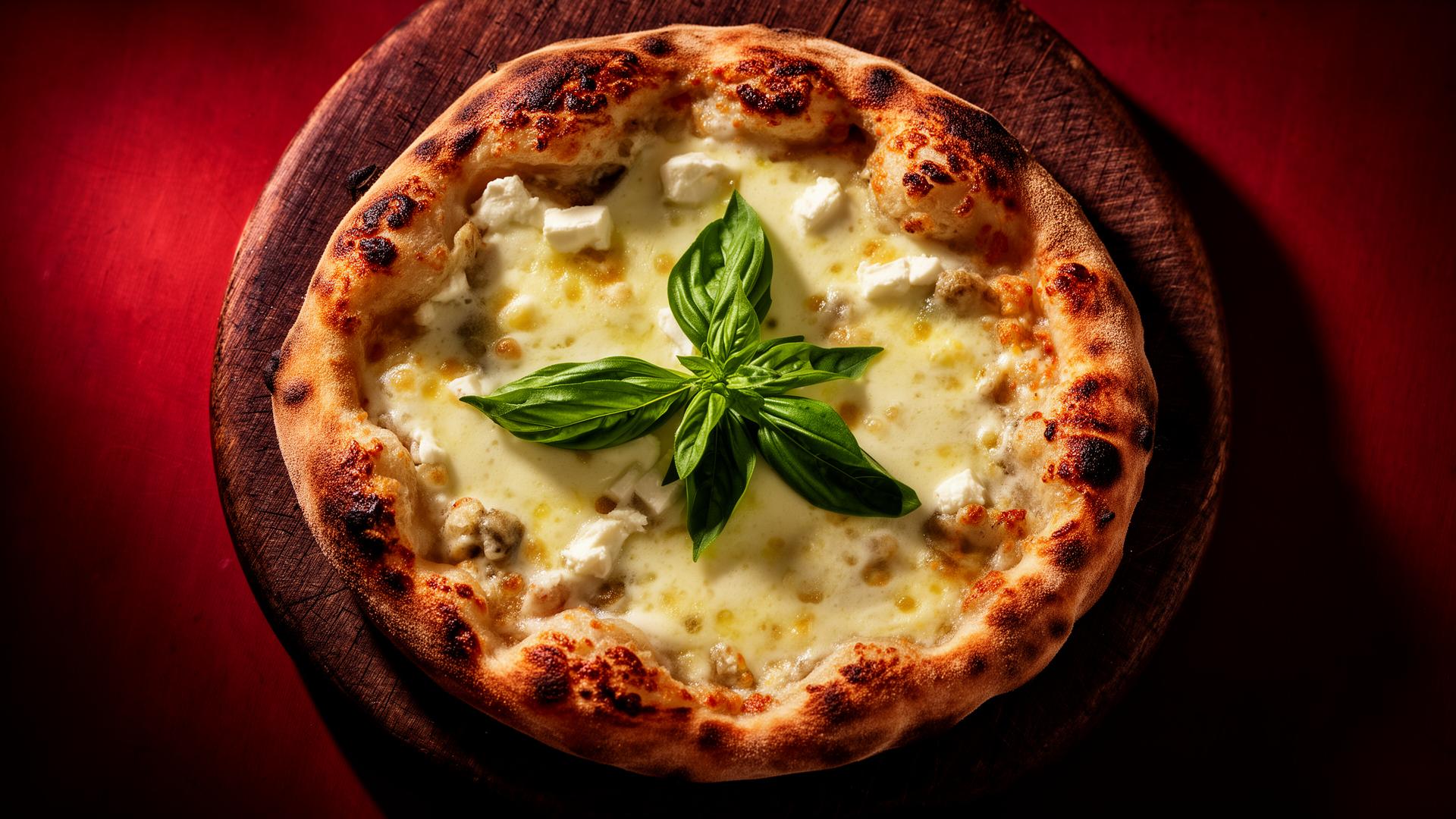 Greek-style pizza with melted cheese and fresh basil